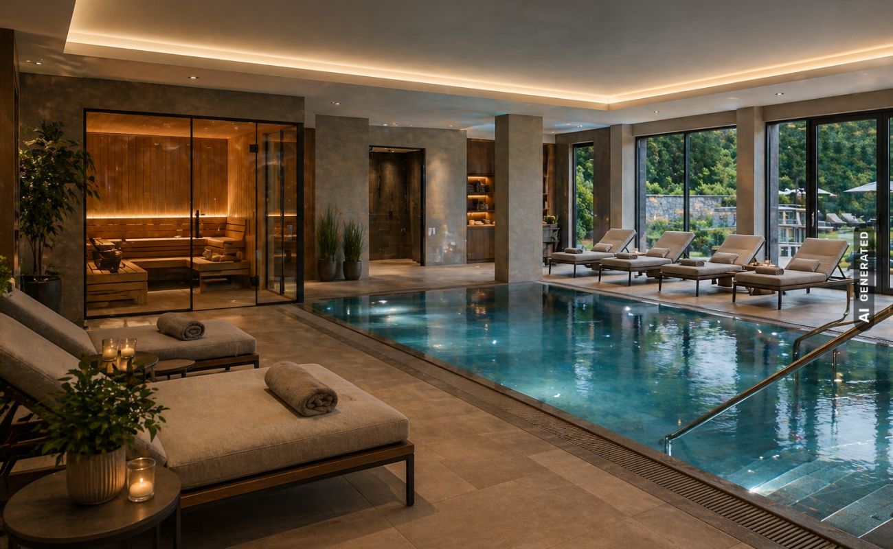 Schwimmbad mit Pool und Sauna (KI generiert)