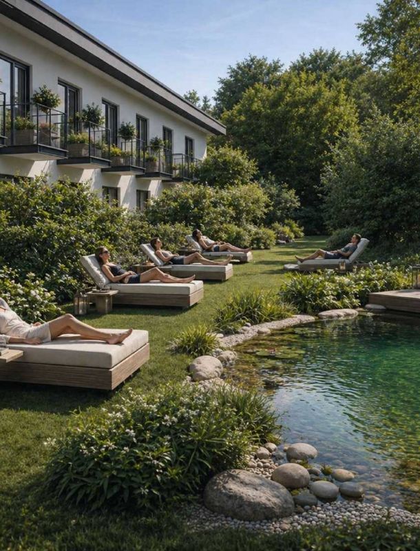 Garten mit Luxus Liegen und Teich