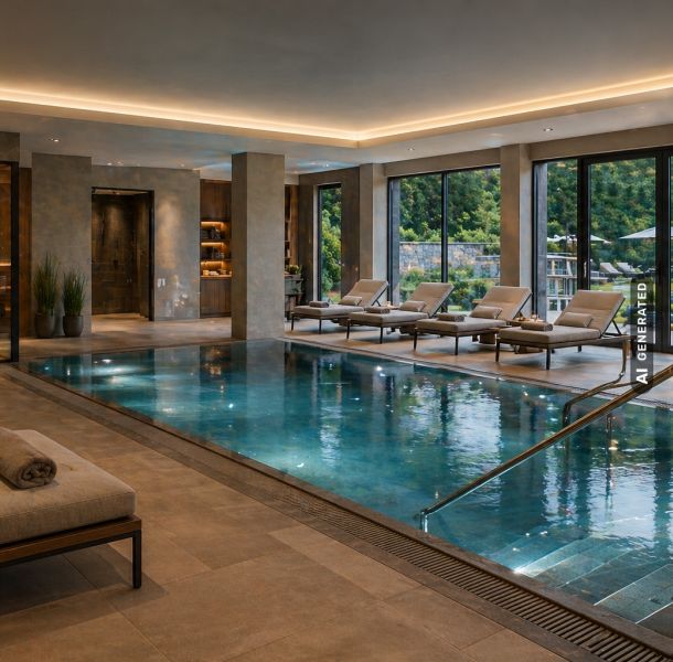 Schimmbad innen mit Sauna und Pool (KI generiert)