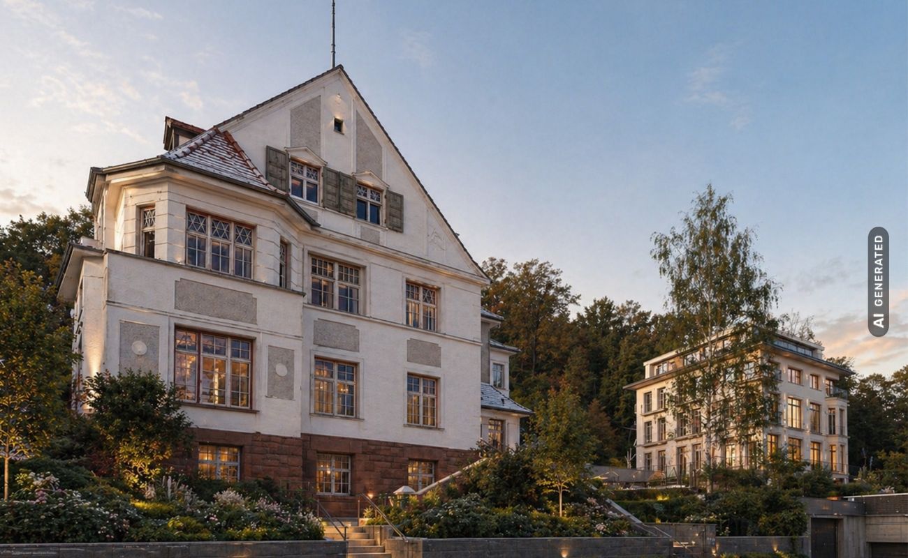 Foto von der historischen Villa von Außen (KI generiert)
