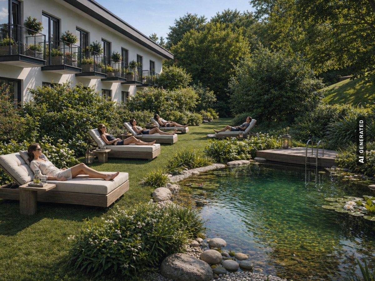 Eigentumswohnungen Garten mit Teich und Liegen (KI generiert)