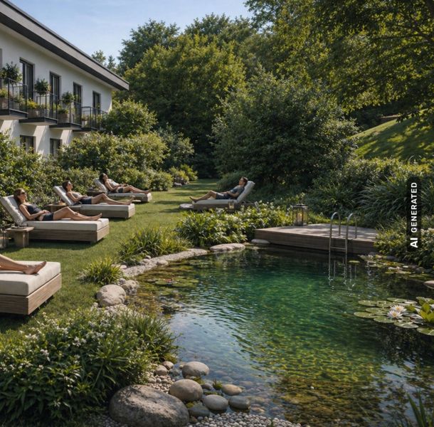 Garten mit Luxus Liegen und Teich (KI generiert)