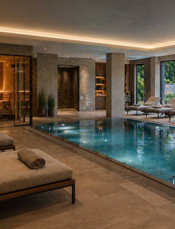 Schimmbad innen mit Sauna und Pool