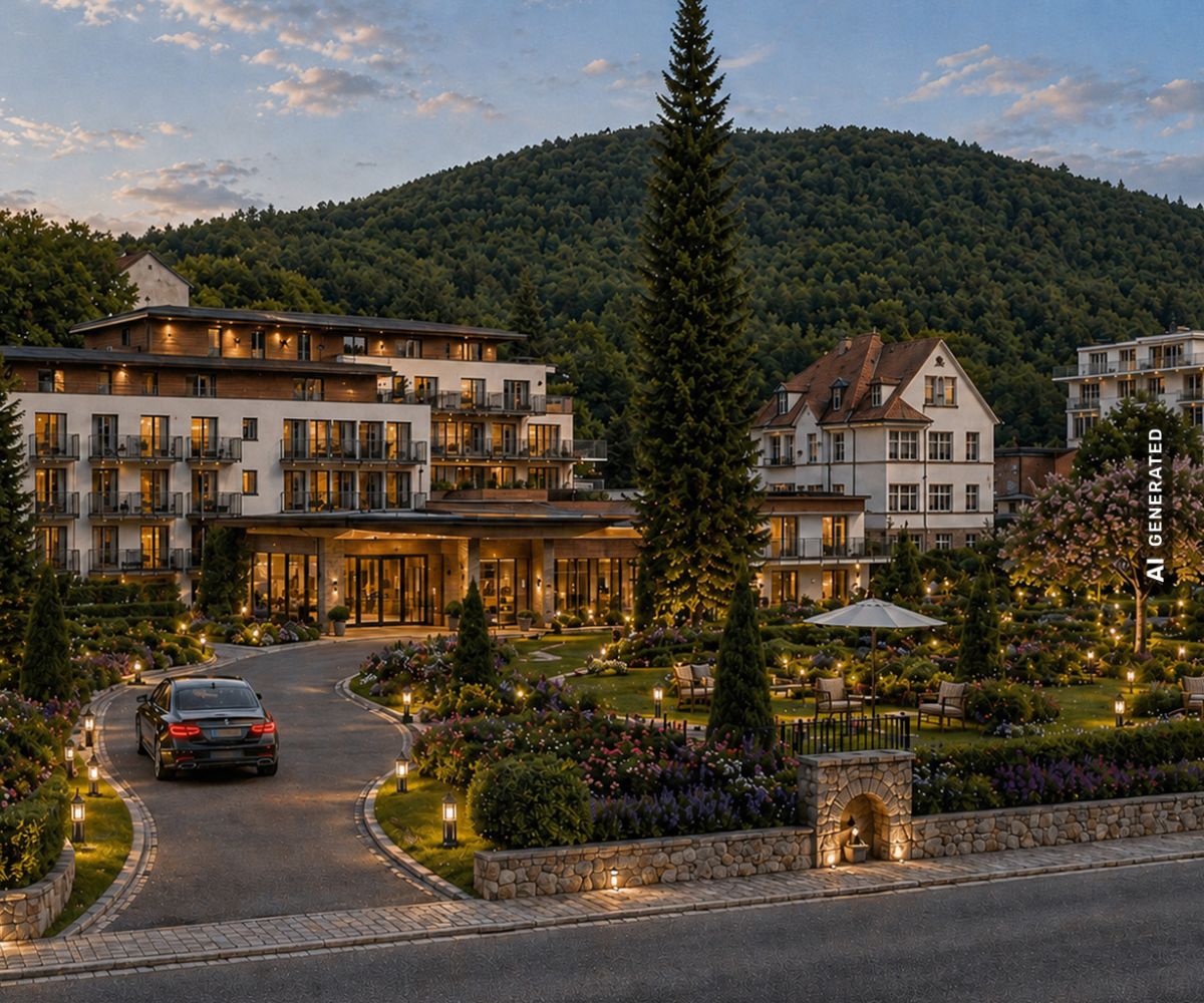 Hotel mit Einfahrt und Bergen im Hintergrund (KI generiert)
