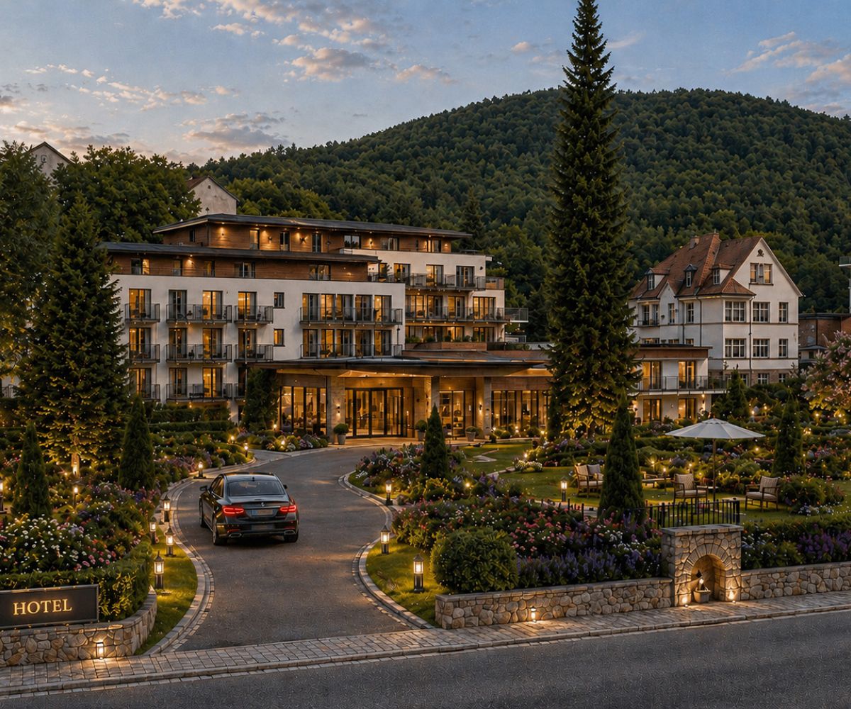 Hotel mit Einfahrt und Bergen im Hintergrund